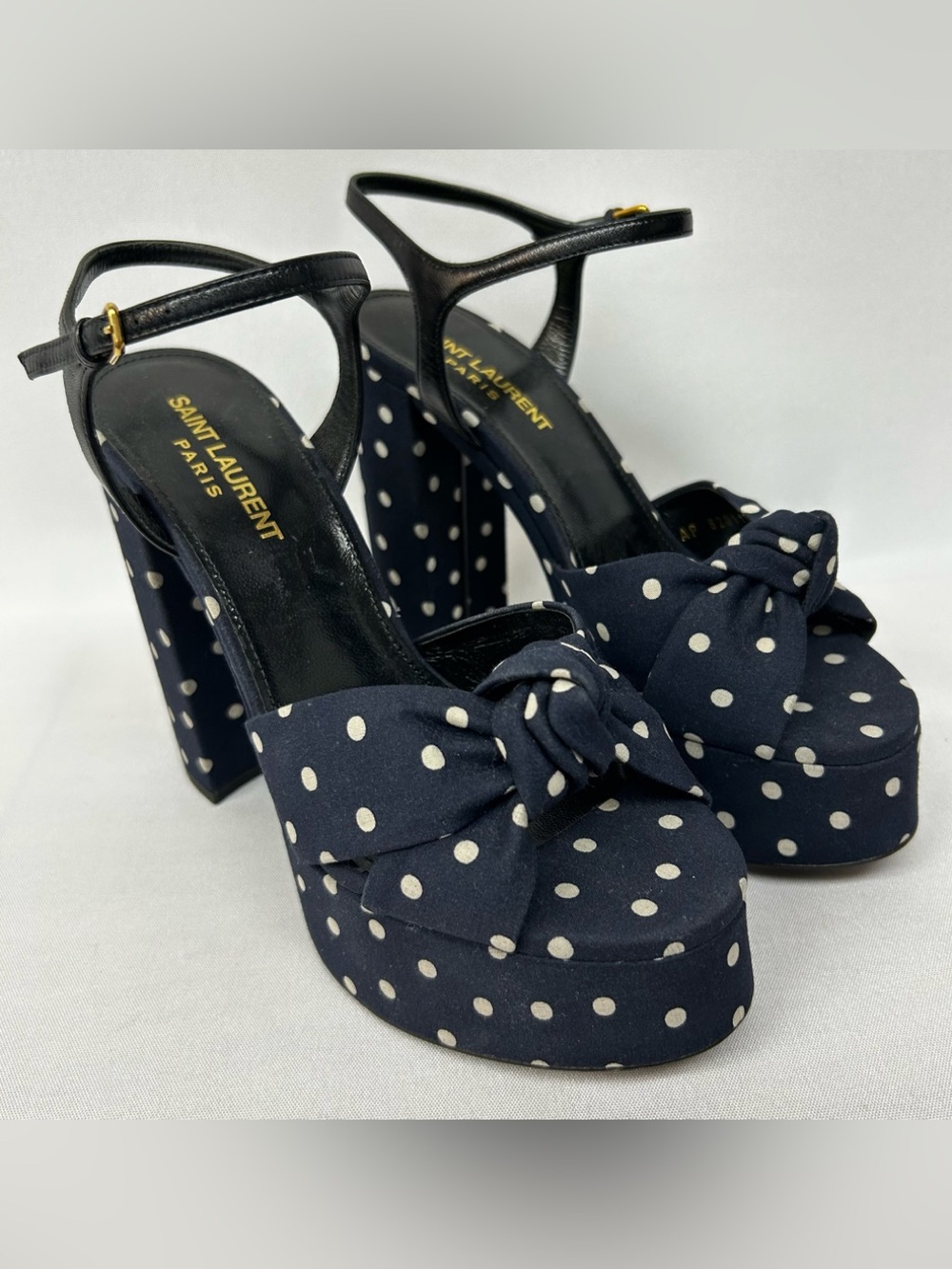 Saint Laurent Blue Polka Dots Platform Heeled Sandals Size 6 / 36